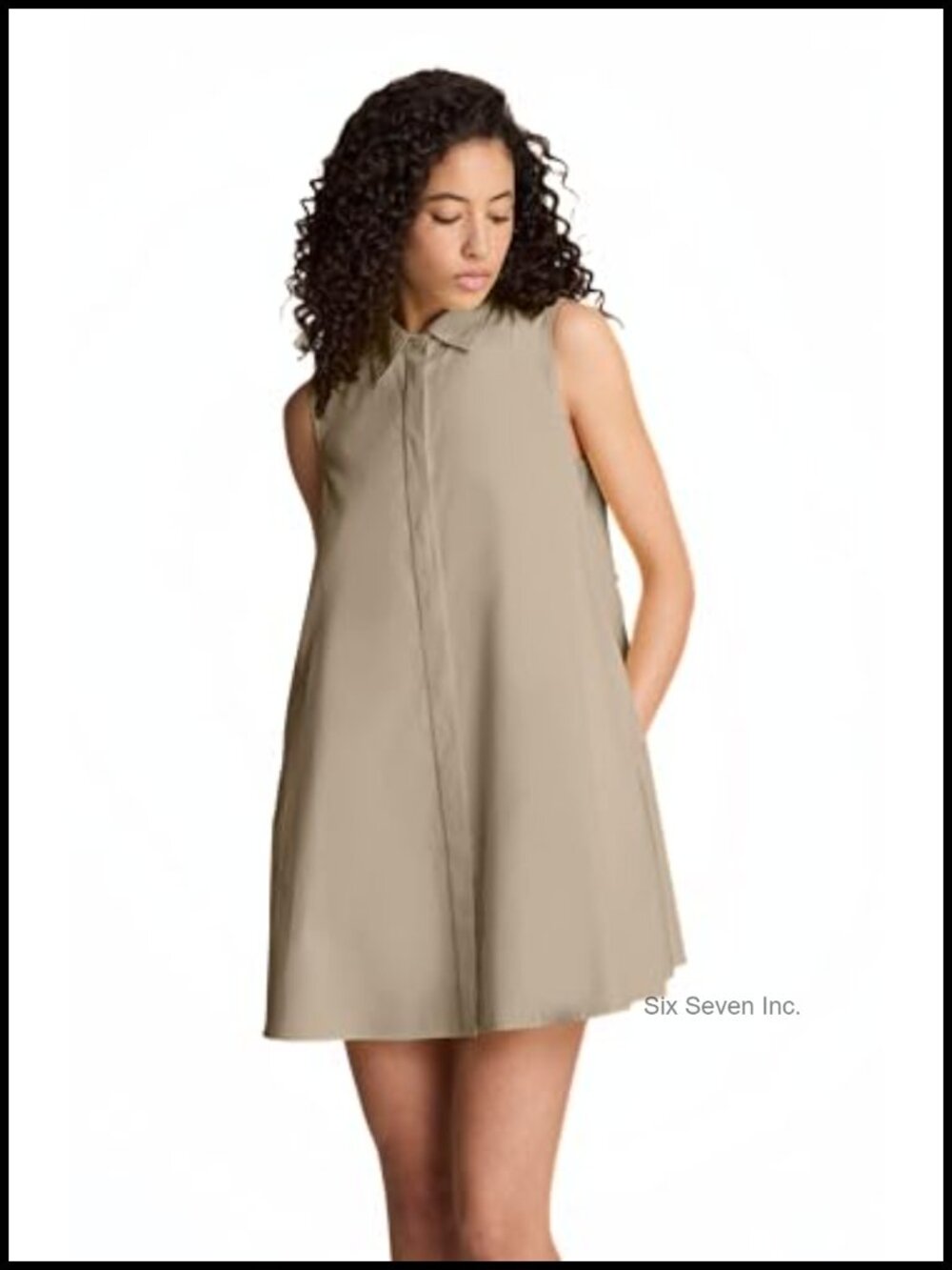 Sleeveless Trapeze Mini Dress Collared Neck Button Closure Cotton Elastane